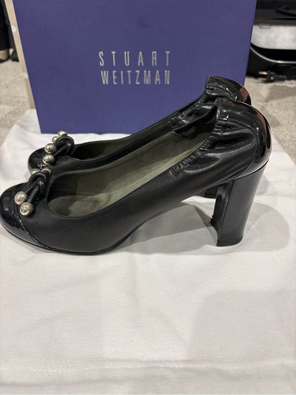 Stuart Weitzman Black Leather Block Heel Pumps with Pearl Knot Detail